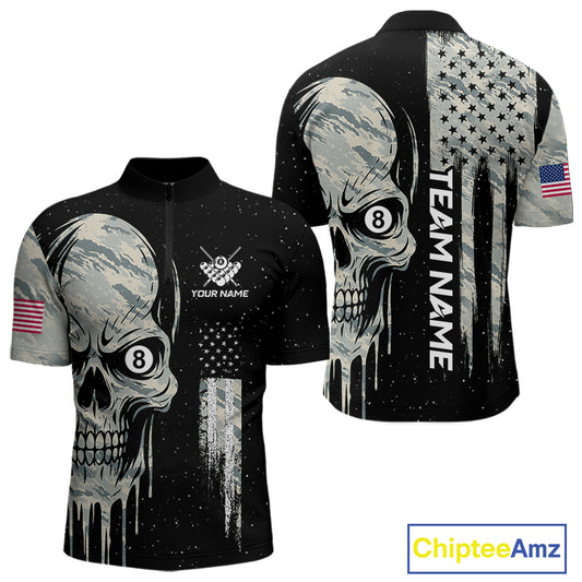 Grunge Camo Skull American Flag Billiard Shirt For Men Custom Patriotic 8 Ball Pool Team Jersey TDM4276