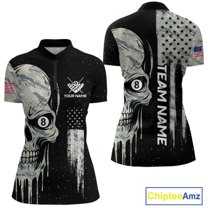 Grunge Camo Skull American Flag Billiard Shirt For Women Custom Patriotic 8 Ball Pool Team Jersey TDM4276