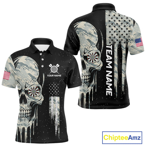 Grunge Camo Skull American Flag Dart Shirt For Men Custom Patriotic Dart Jersey Team Polo & 1/4 Zip TDM4277