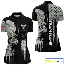 Load image into Gallery viewer, Grunge Camo Skull American Flag Dart Shirt For Women Custom Patriotic Dart Jersey Team Polo, 1/4 Zip TDM4277
