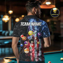 Load image into Gallery viewer, Back view of man wearing a smoke American flag 8 ball pool team jersey.