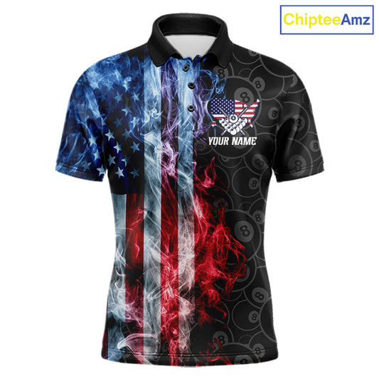 Smoke American flag 8 ball billiard polo shirt for men, custom patriotic pool team jersey.