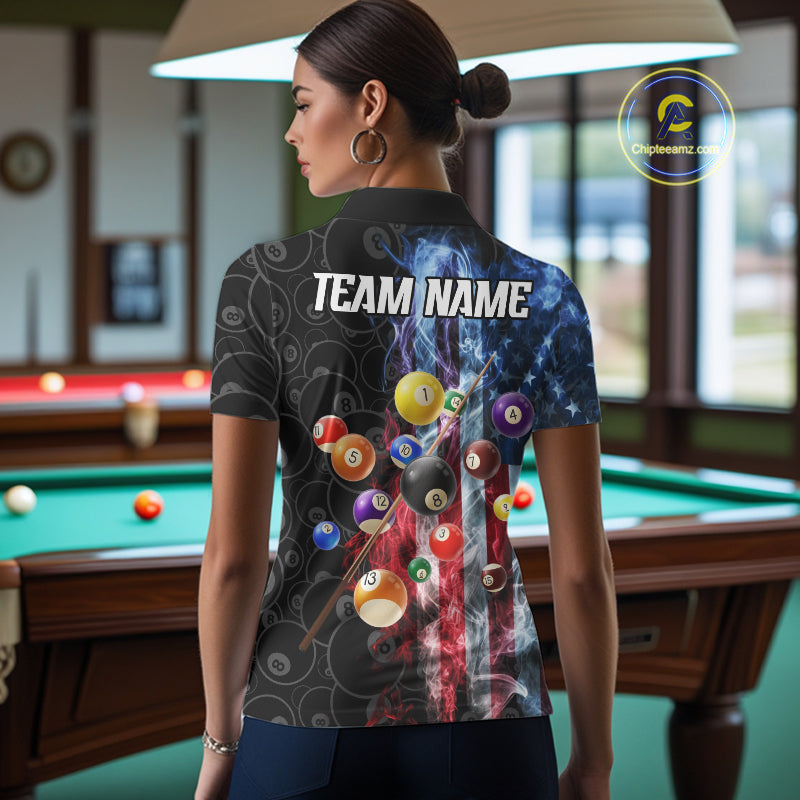Back view of woman wearing a smoke American flag 8 ball pool team jersey.