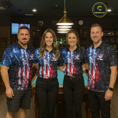 Pool team wearing matching smoke American flag 8 ball billiard jerseys front view.