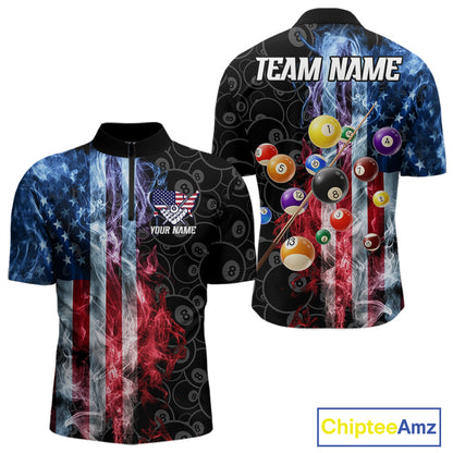 Smoke American flag 8 ball quarter zip billiard shirt for men, custom pool team jersey.