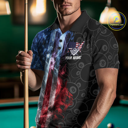 Man wearing a smoke American flag 8 ball pool billiard jersey front view.