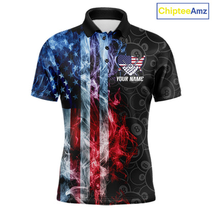 Smoke American flag 8 ball pool billiard polo shirt for men, custom patriotic pool team jersey.