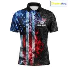 Load image into Gallery viewer, Smoke American flag 8 ball pool billiard polo shirt for men, custom patriotic pool team jersey.