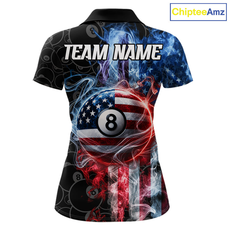 Patriotic smoke American flag 8 ball pool custom billiard polo shirt for women.