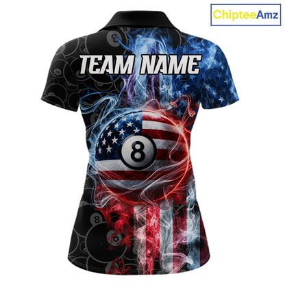 Patriotic smoke American flag 8 ball pool custom billiard polo shirt for women.