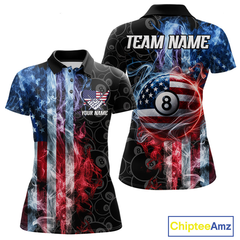 Smoke American flag 8 ball pool billiard polo shirt for women, custom patriotic pool team jersey.