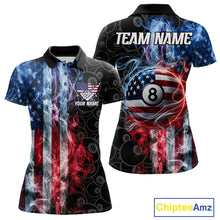 Load image into Gallery viewer, Smoke American flag 8 ball pool billiard polo shirt for women, custom patriotic pool team jersey.