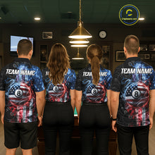 Load image into Gallery viewer, Back view of pool team wearing matching smoke American flag 8 ball pool billiard shirts.