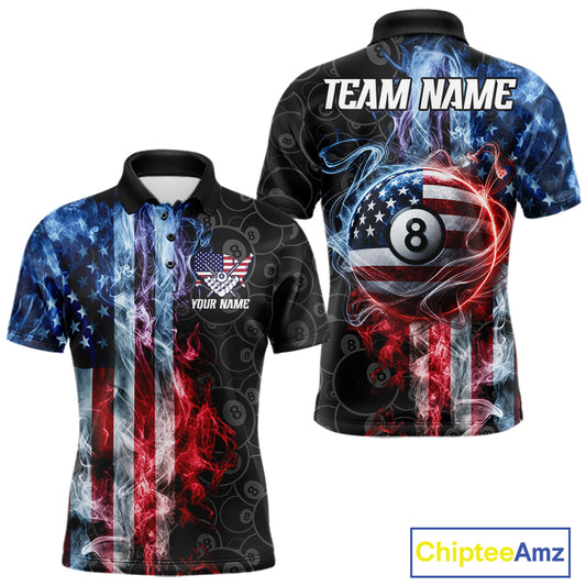 Smoke American flag 8 ball pool billiard polo shirt for men, custom patriotic pool team jersey.