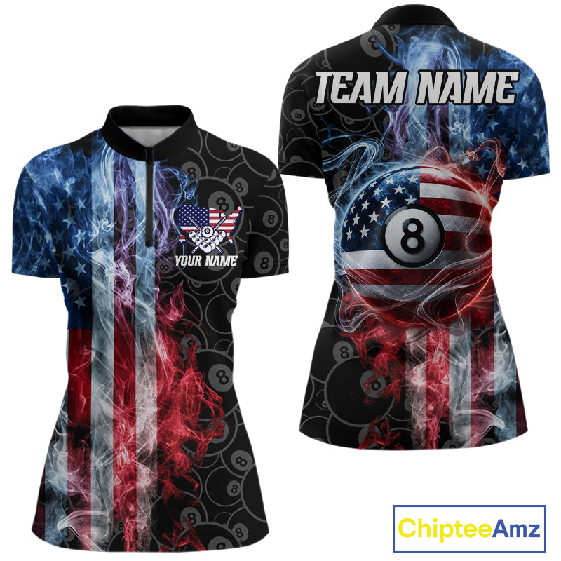 Smoke American flag 8 ball pool quarter zip billiard shirt for women, patriotic team jersey.