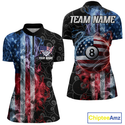 Smoke American flag 8 ball pool quarter zip billiard shirt for women, patriotic team jersey.