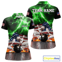 Load image into Gallery viewer, Green lightning thunder American flag bowling team polo shirt for women, patriotic bowling jersey design.