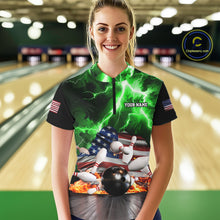 Load image into Gallery viewer, Woman wearing green lightning thunder American flag bowling quarter zip shirt front view.