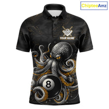Load image into Gallery viewer, Personalized funny octopus 8 ball billiard polo shirt for men, custom pool team jersey apparel.