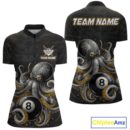 Funny octopus 9 ball quarter zip billiard shirt for women, personalized pool team jersey.
