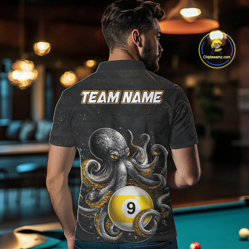 Back view of man wearing a funny octopus 9 ball pool team jersey.
