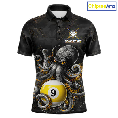 Personalized funny octopus 9 ball billiard polo shirt for men, custom pool team jersey apparel.