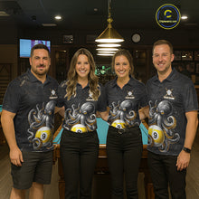 Load image into Gallery viewer, Pool team wearing matching funny octopus 9 ball billiard jerseys front view.