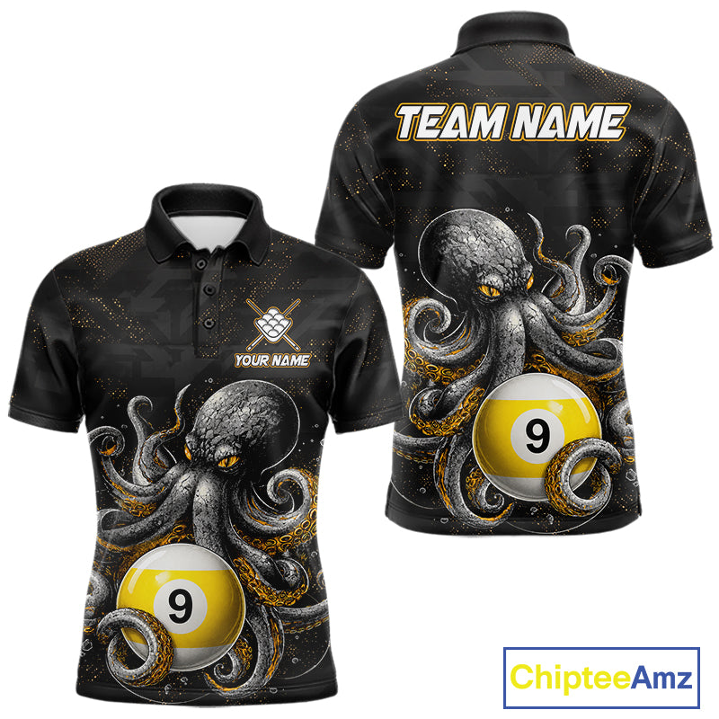 Funny octopus 9 ball custom billiard polo shirt for men with colorful ocean themed graphics.