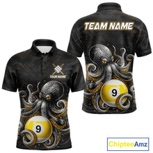 Load image into Gallery viewer, Funny octopus 9 ball custom billiard polo shirt for men with colorful ocean themed graphics.