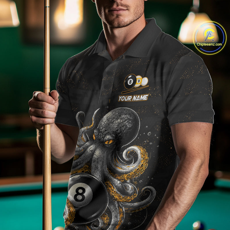 Man wearing a funny octopus 8 ball and 9 ball billiard jersey front view.