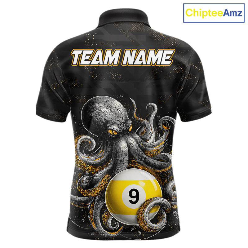 Funny octopus 8 ball and 9 ball custom billiard polo shirt for men, personalized pool player apparel.