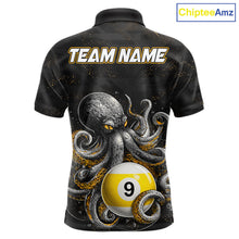 Load image into Gallery viewer, Funny octopus 8 ball and 9 ball custom billiard polo shirt for men, personalized pool player apparel.