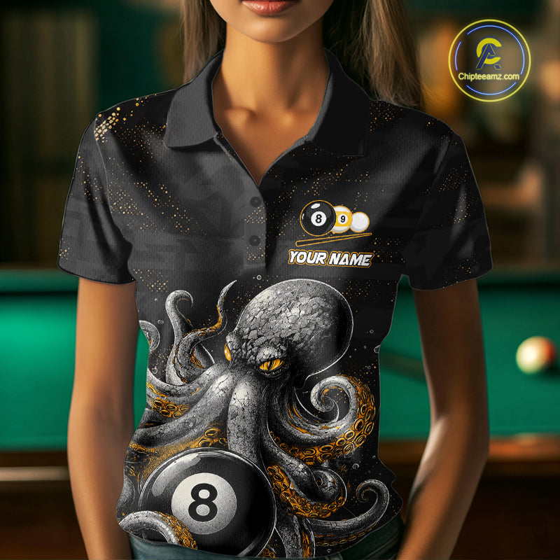 Woman wearing a funny octopus 8 ball and 9 ball billiard jersey front view.