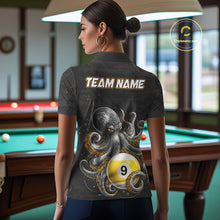 Load image into Gallery viewer, Back view of woman wearing a funny octopus 8 ball and 9 ball pool team jersey.