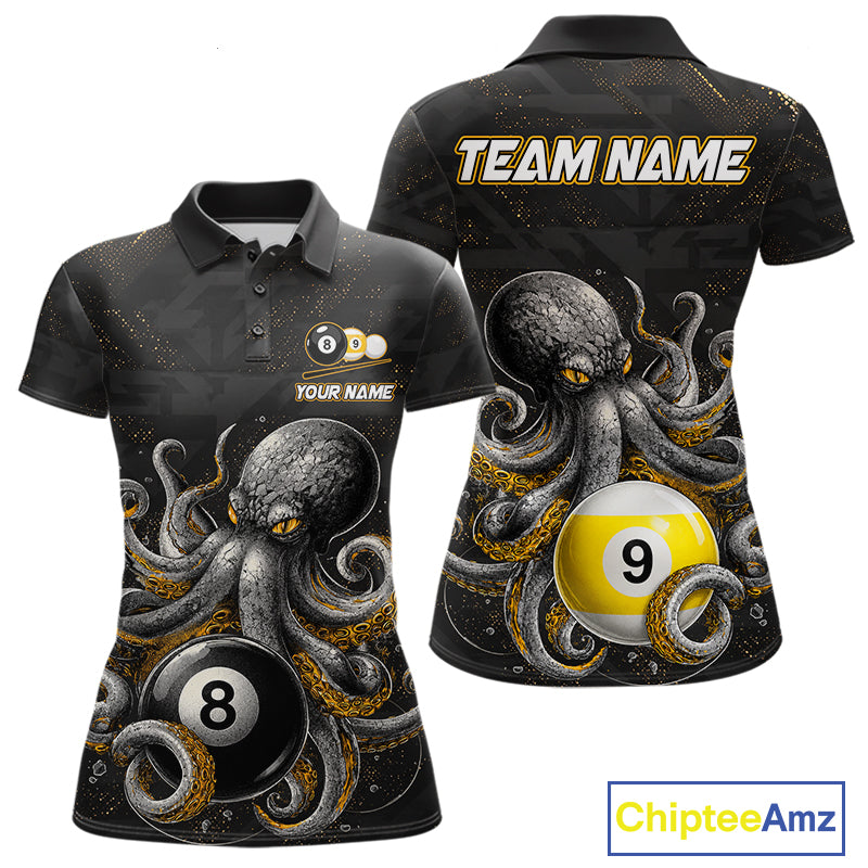Funny octopus 8 ball and 9 ball billiard polo shirt for women, custom pool team jersey with ocean theme artwork.