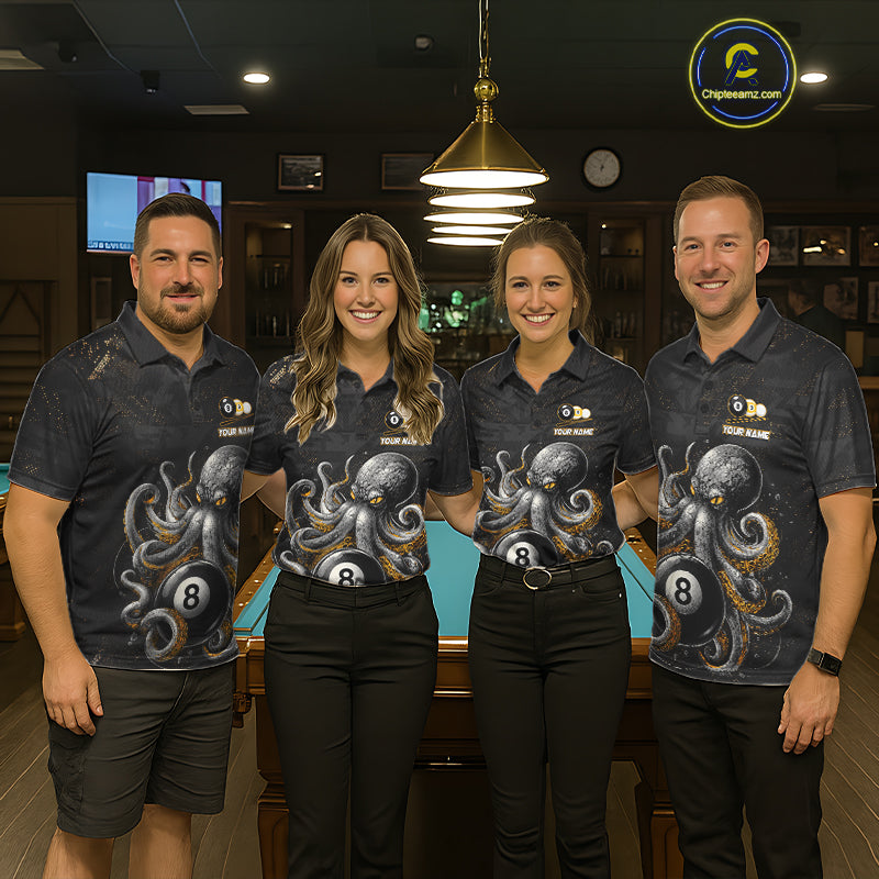 Pool team wearing matching funny octopus 8 ball and 9 ball billiard jerseys front view.