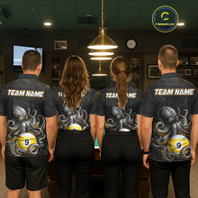 Load image into Gallery viewer, Back view of pool team wearing matching funny octopus 8 ball and 9 ball billiard shirts.