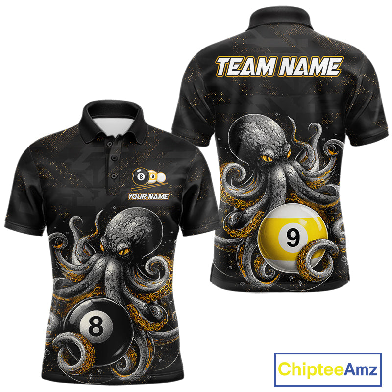 Funny octopus 8 ball and 9 ball billiard polo shirt for men, custom pool team jersey with ocean theme artwork.