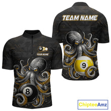 Load image into Gallery viewer, Funny octopus 8 ball and 9 ball quarter zip billiard shirt for men, custom pool team jersey.