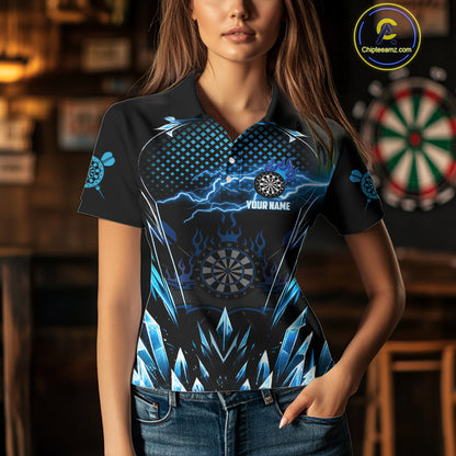 Personalized Blue Icy Lightning Darts Shirt For Women Custom Dart League Team Jersey Polo & 1/4 Zip TDM4465