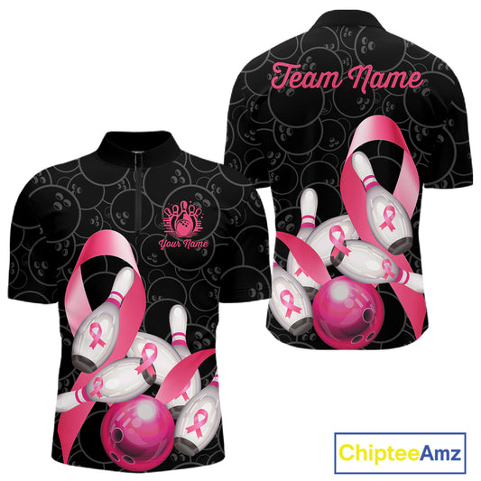 Pink ribbon breast cancer awareness bowling team jersey quarter zip shirt for men featuring pink ribbon graphics, premium custom bowling apparel.