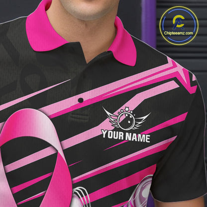 Close-up of personalized pink ribbon breast cancer awareness bowling team jersey polo shirt featuring collar, buttons and pink ribbon artwork.