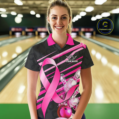 Woman wearing personalized pink ribbon breast cancer awareness bowling team jersey polo shirt featuring pink ribbon artwork, front view.
