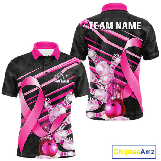 Personalized pink ribbon breast cancer awareness bowling team jersey polo shirt for men featuring pink ribbon artwork, premium custom bowling league apparel.