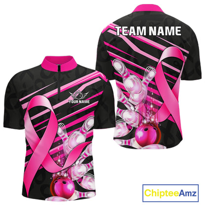 Personalized pink ribbon breast cancer awareness bowling team jersey quarter zip shirt for men featuring pink ribbon graphics, premium custom bowling apparel.