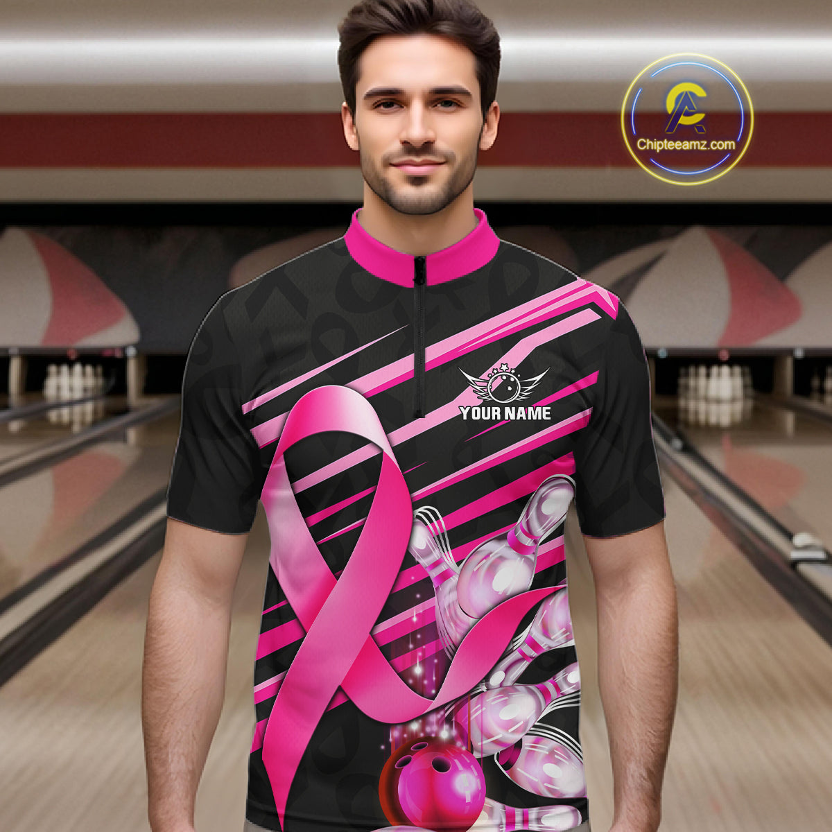 Man wearing personalized pink ribbon breast cancer awareness bowling team jersey quarter zip shirt featuring pink ribbon artwork, front view.