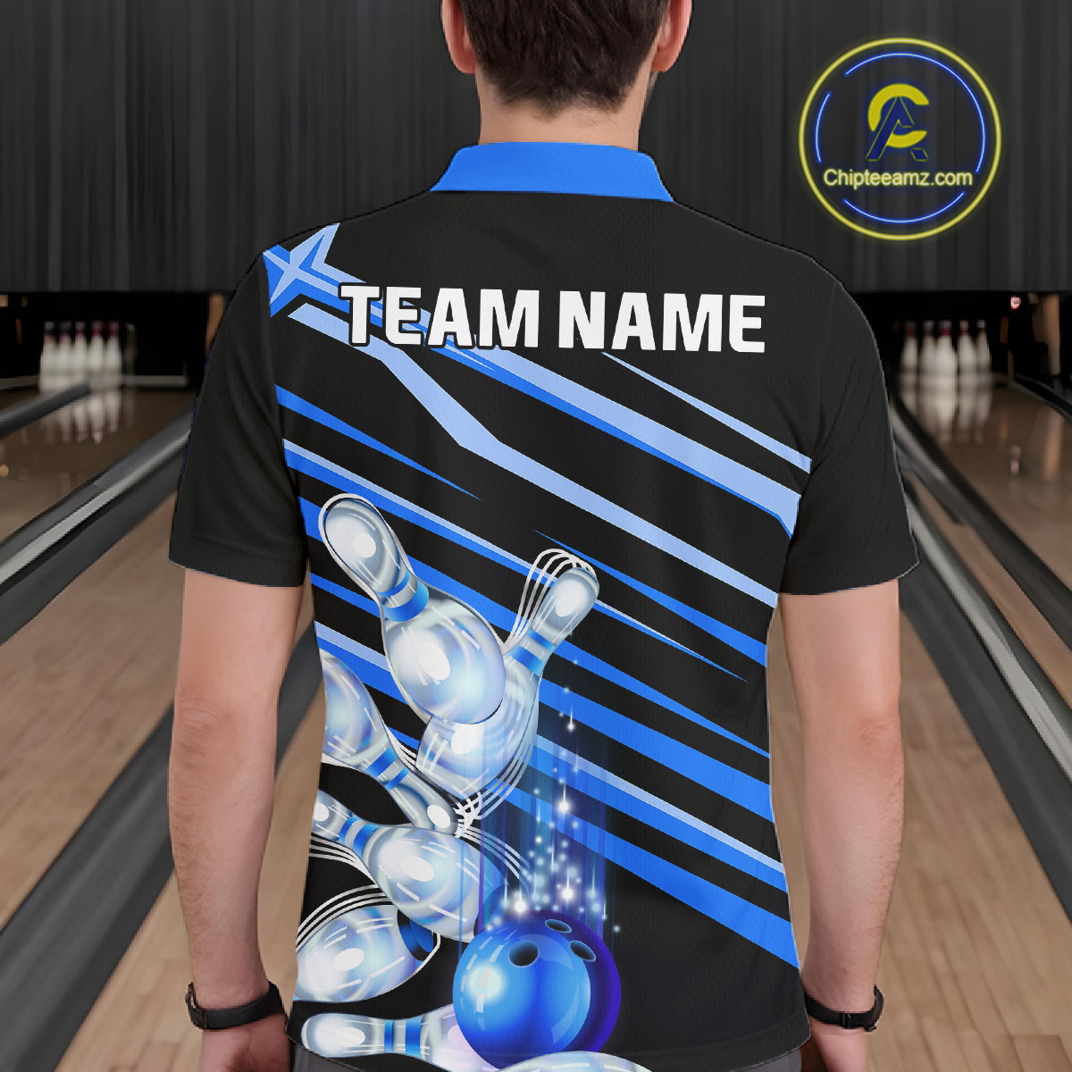 Man wearing personalized black and blue glowing bowling team jersey polo shirt featuring glowing bowling artwork, back view.