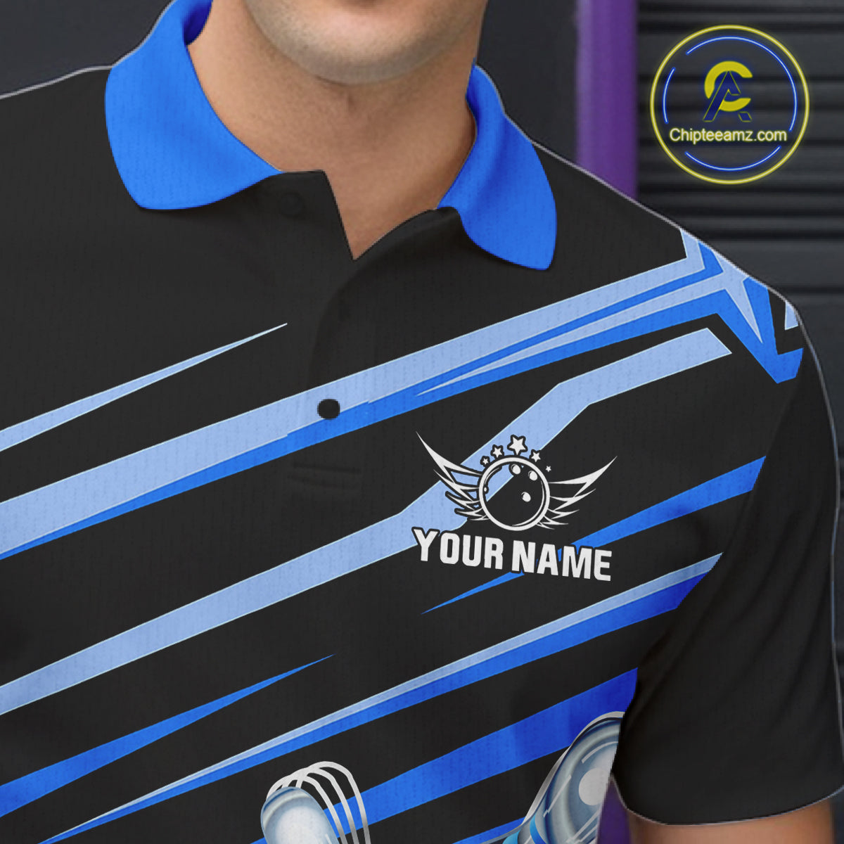 Close-up of personalized black and blue glowing bowling team jersey polo shirt featuring collar, buttons and black and blue glowing bowling artwork.