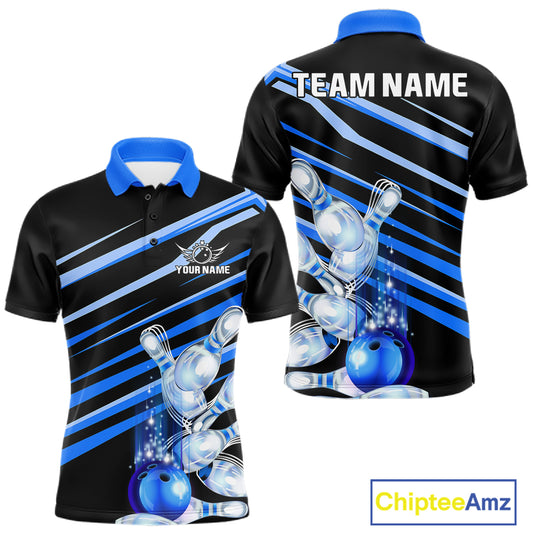 Personalized black and blue glowing bowling team jersey polo shirt for men featuring glowing blue bowling artwork, premium custom bowling league apparel for tournaments and team play.