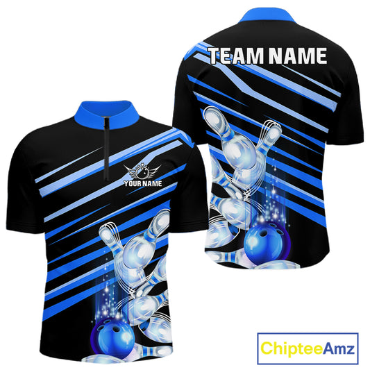 Personalized black and blue glowing bowling team jersey quarter zip shirt for men featuring black and blue glowing bowling graphics, premium custom bowling apparel.